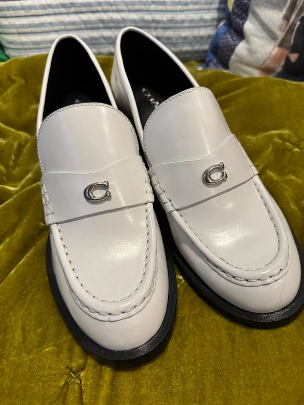 Coach White Leather Penny Loafers with Silver Logo Accent - Picture 6 of 7